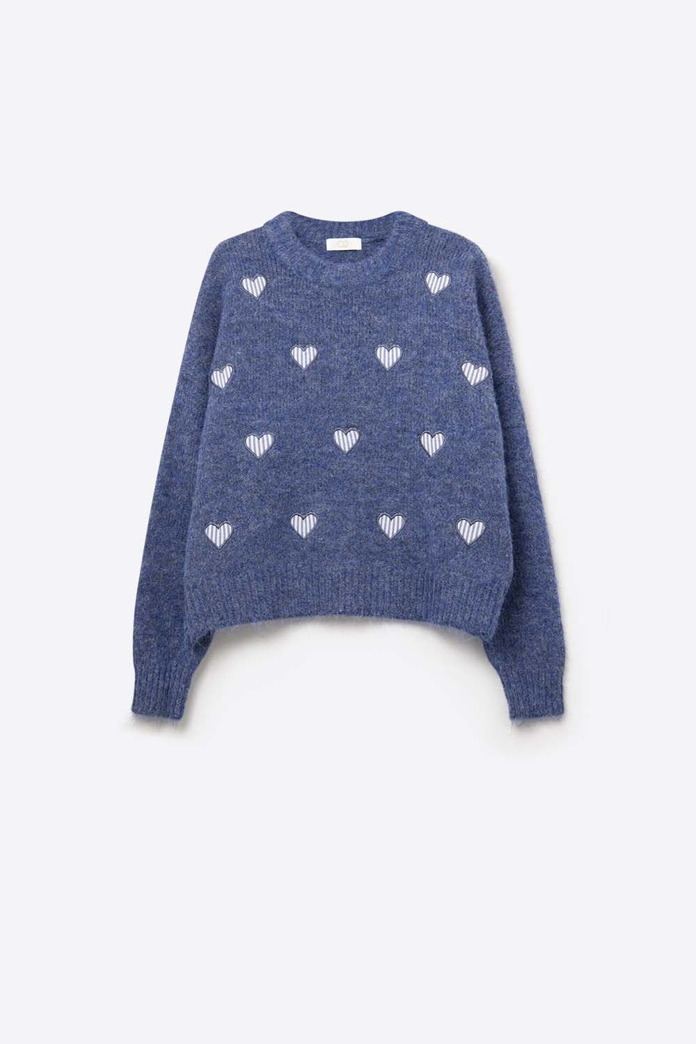 Camisola de gola redonda azul com corações às riscas