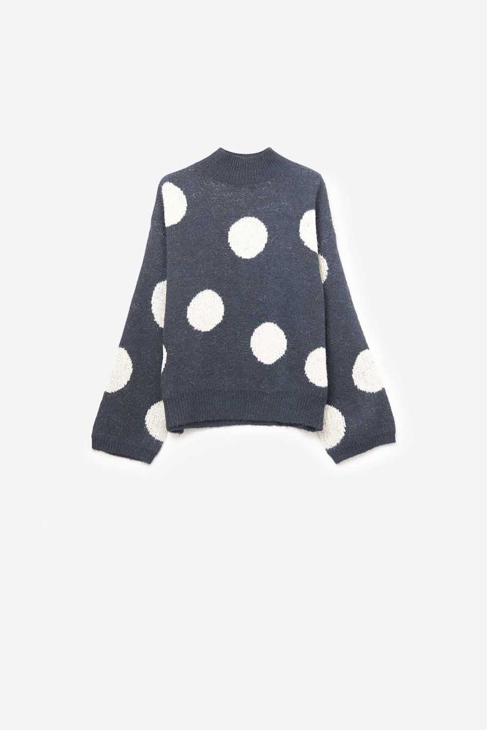 Camisola de gola alta às bolinhas com mangas em sino em azul marinho