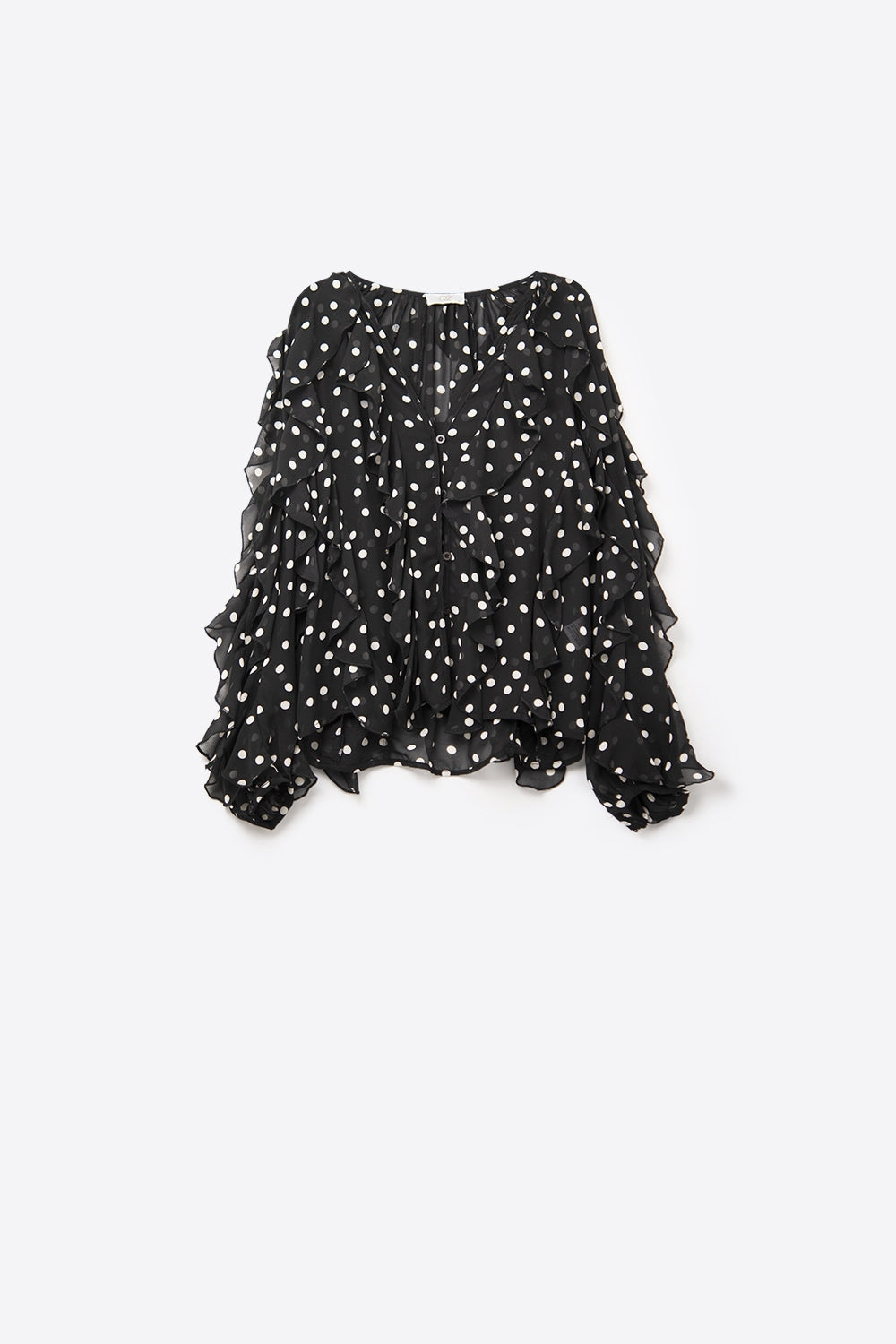 Top com decote em V com folhos e pintas pretas em tecido de chiffon