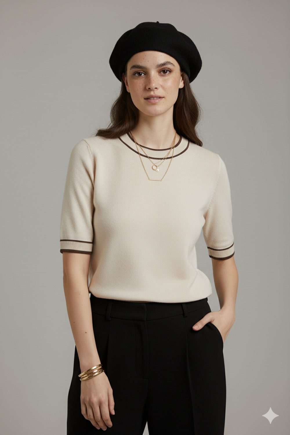 Camisola branca de manga curta com pormenor de linha preta