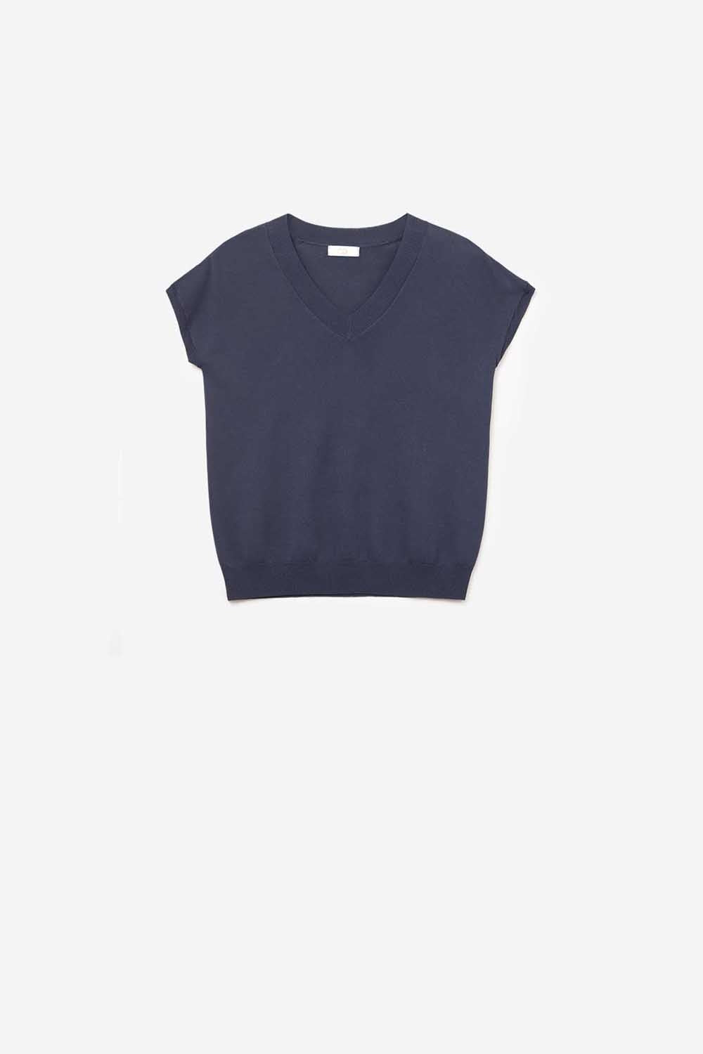 Camisola de gola em V de malha leve com mangas curtas