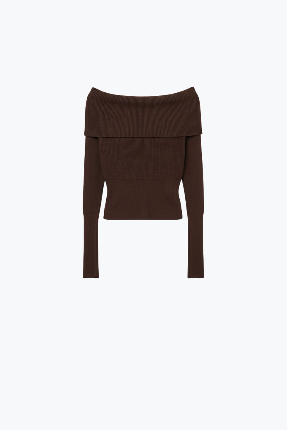 Camisola de malha canelada fina caqui com gola redonda larga