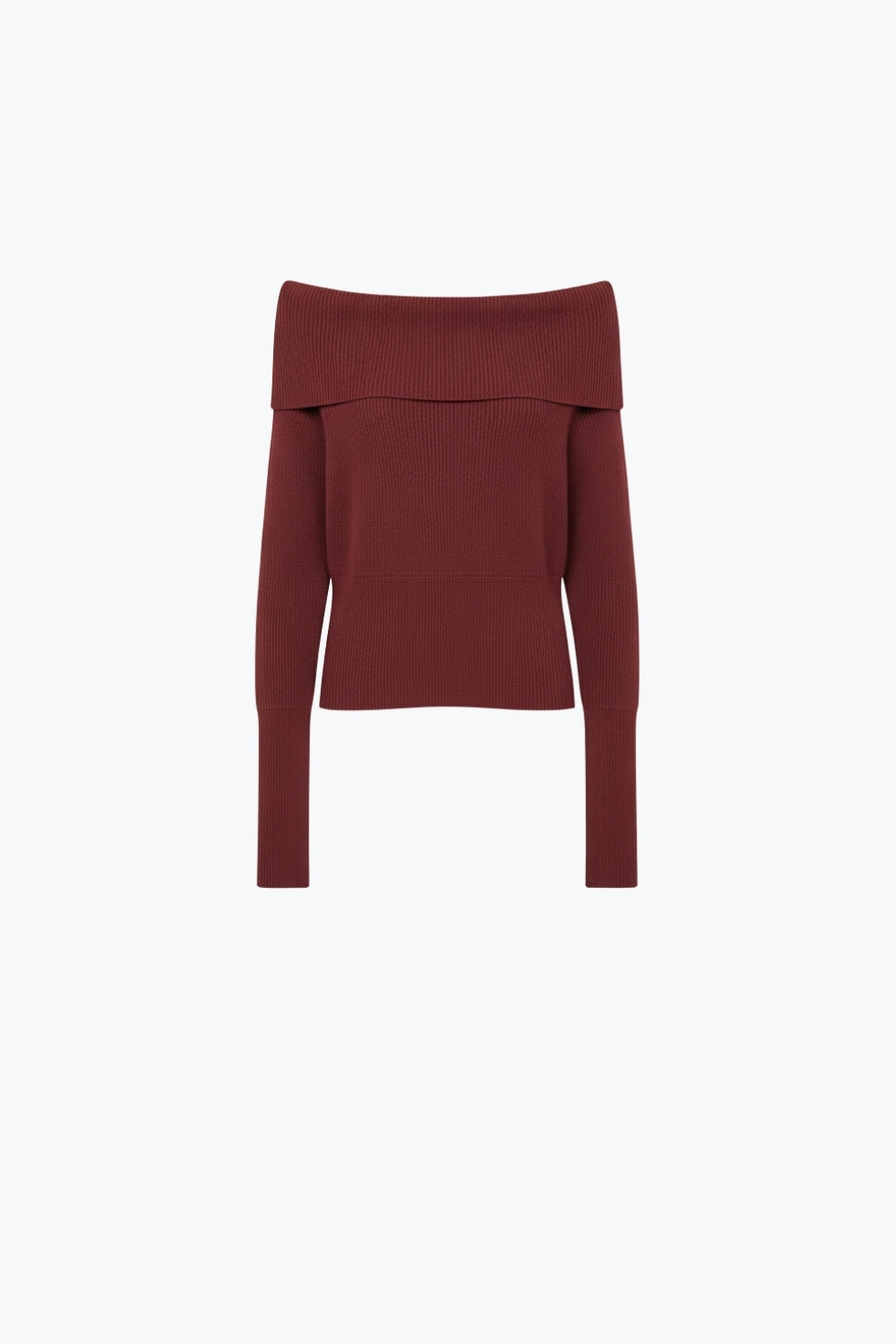 Camisola de malha canelada fina borgonha com gola redonda larga
