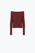 Camisola de malha canelada fina borgonha com gola redonda larga