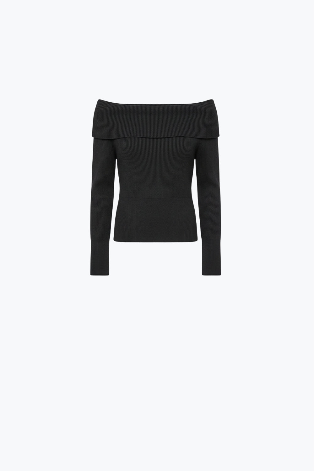 camisola preta de malha canelada fina com gola redonda larga