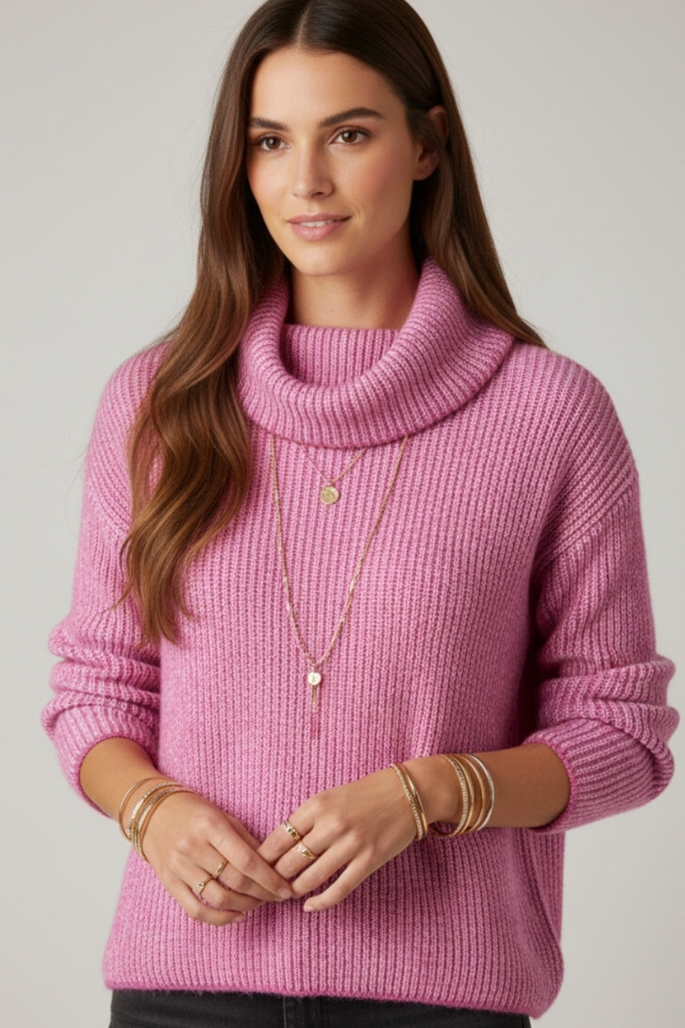 Camisola de malha canelada fúcsia com gola redonda