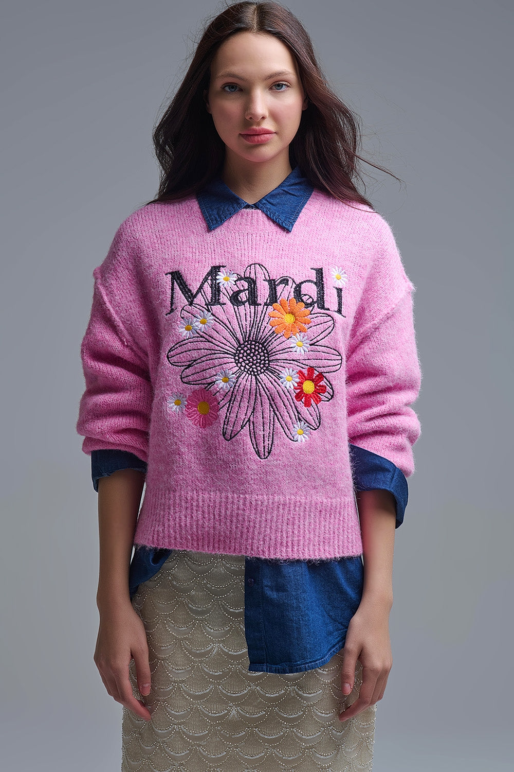 Camisola Mardi bordada a rosa com flores