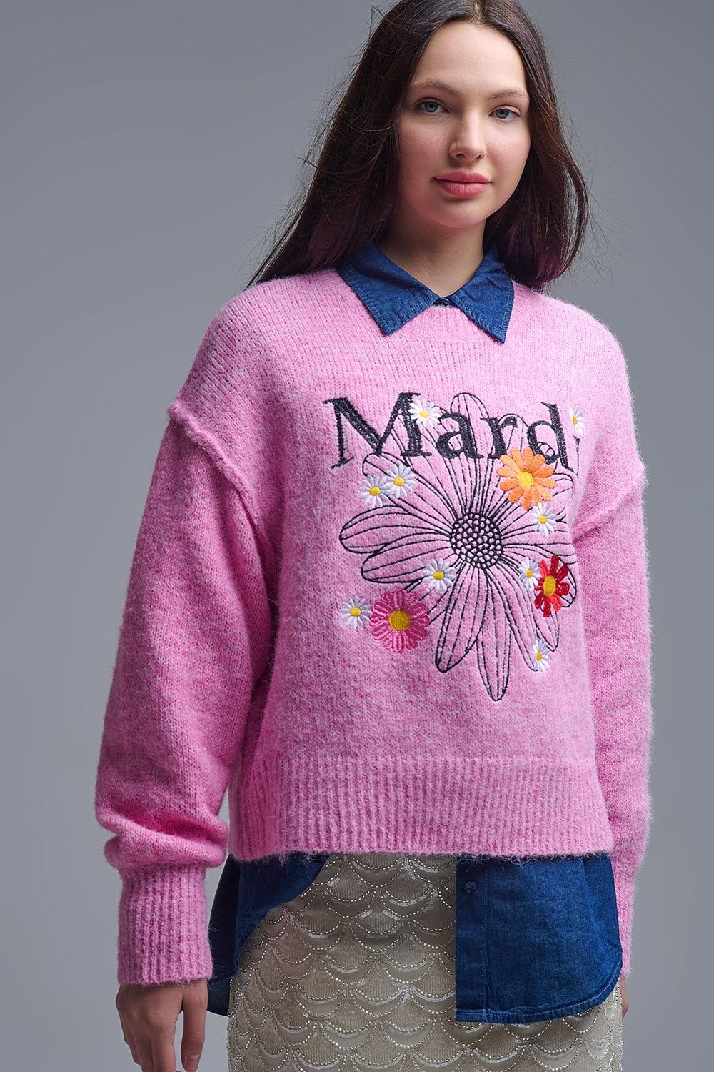 Camisola Mardi bordada a rosa com flores
