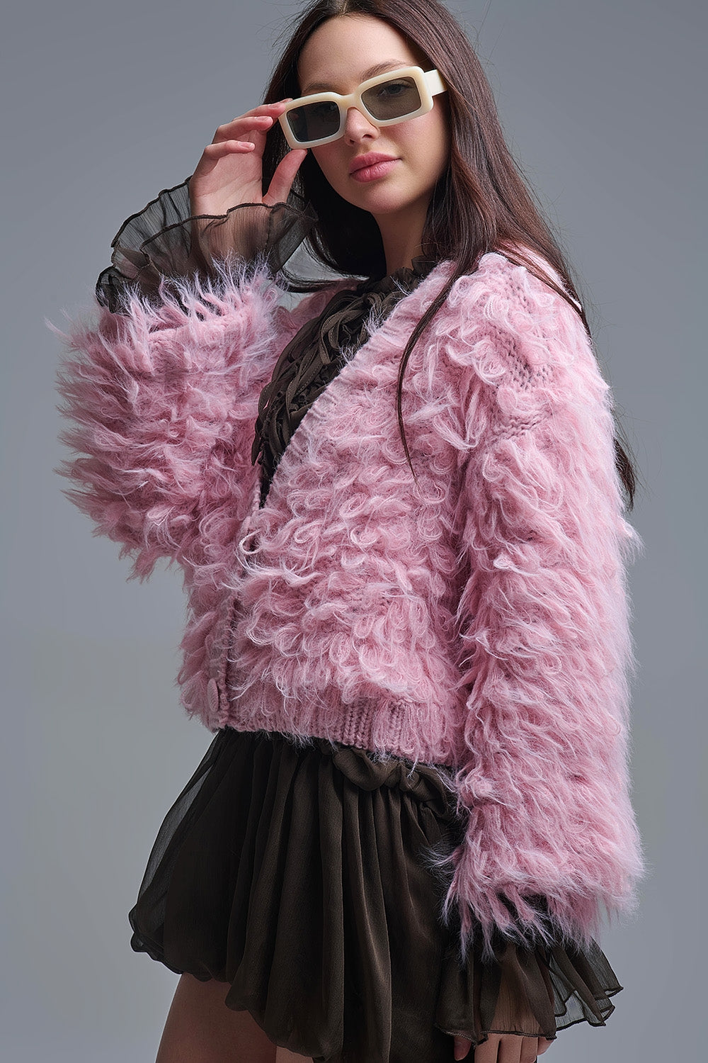 Casaco de malha felpuda estilo Shag em cor-de-rosa