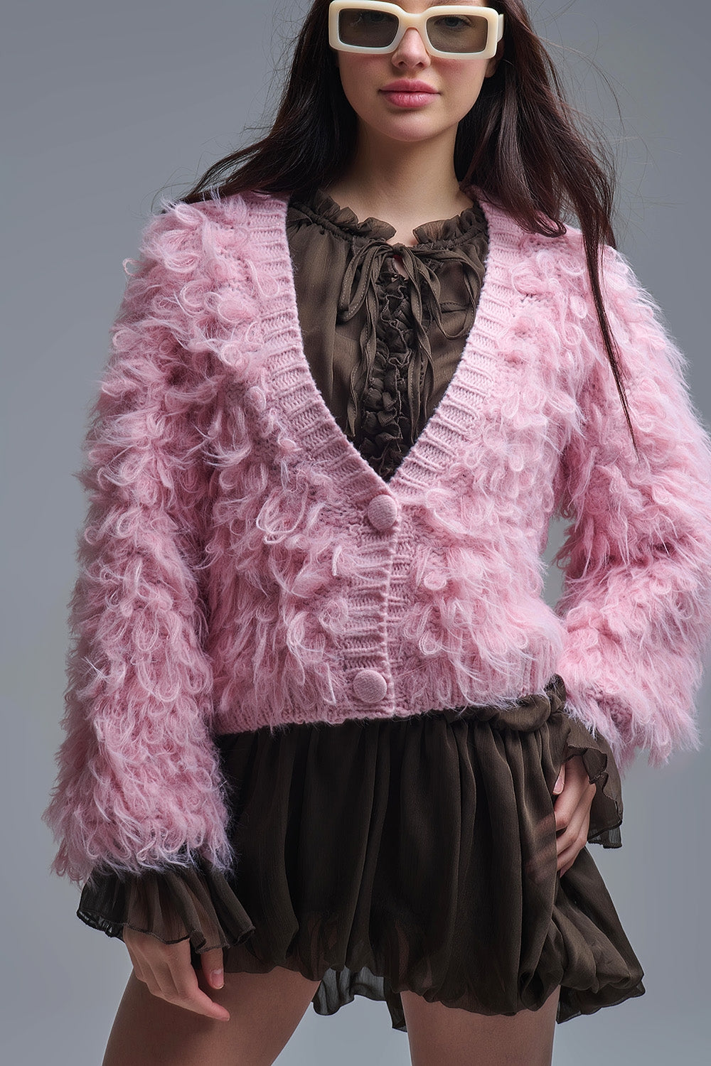 Casaco de malha felpuda estilo Shag em cor-de-rosa