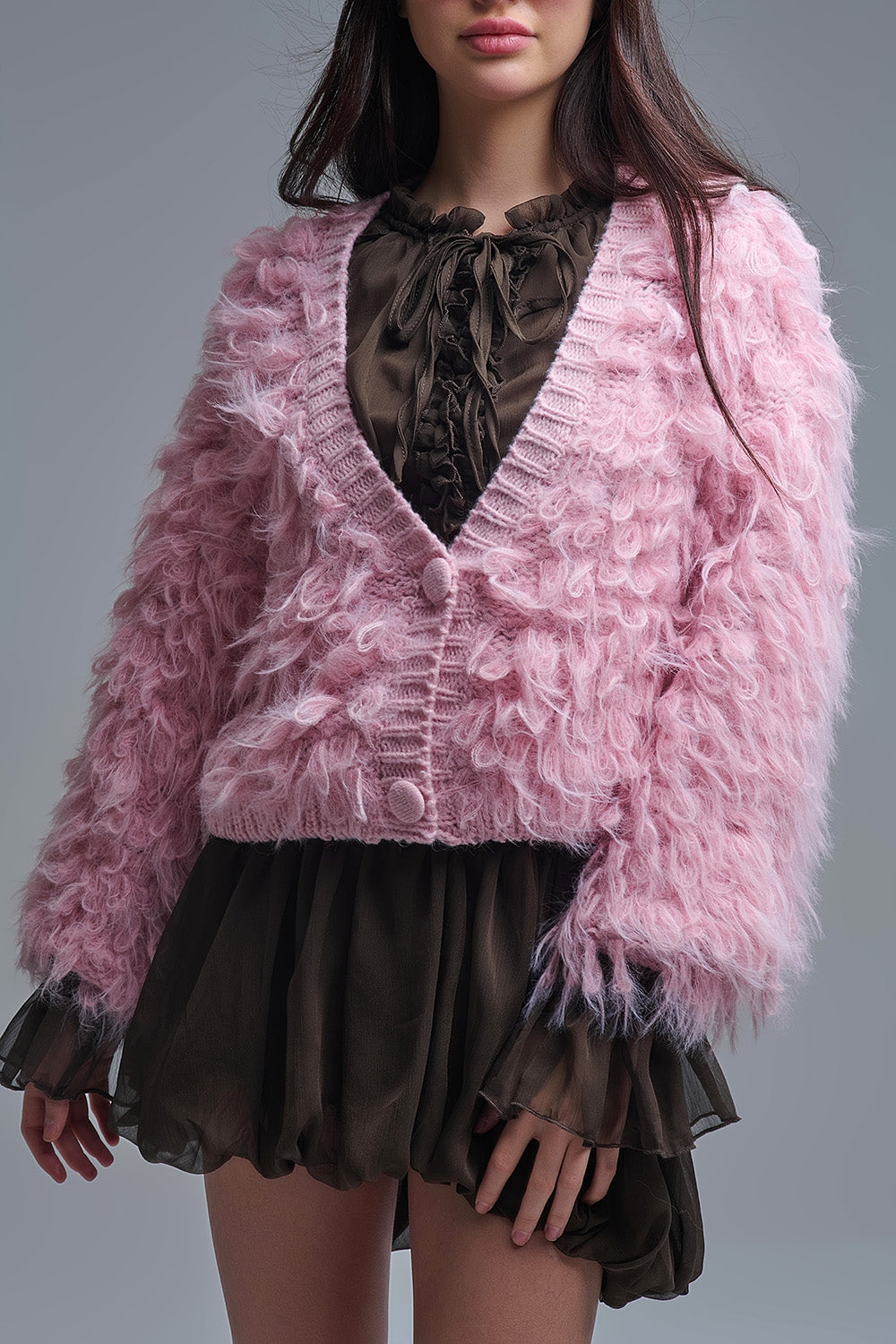 Casaco de malha felpuda estilo Shag em cor-de-rosa