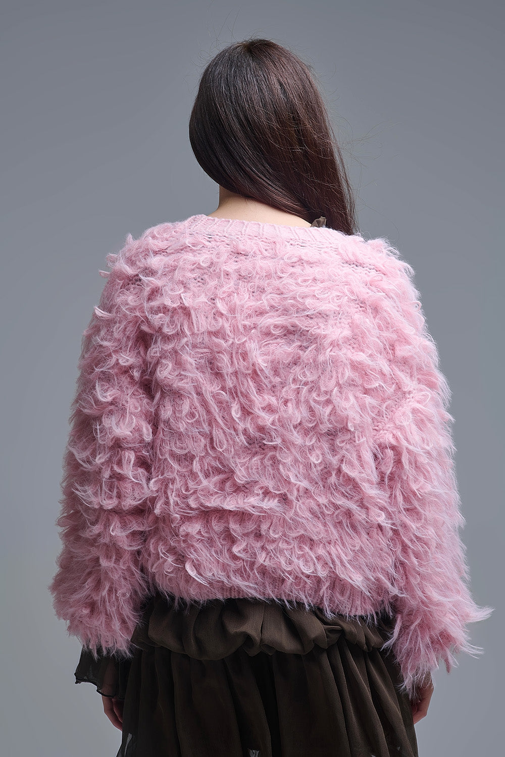 Casaco de malha felpuda estilo Shag em cor-de-rosa
