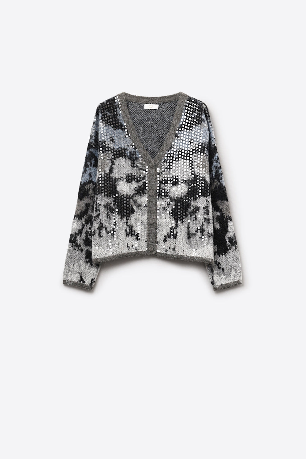 Casaco de malha cinzento elegante com estampado abstrato de lantejoulas
