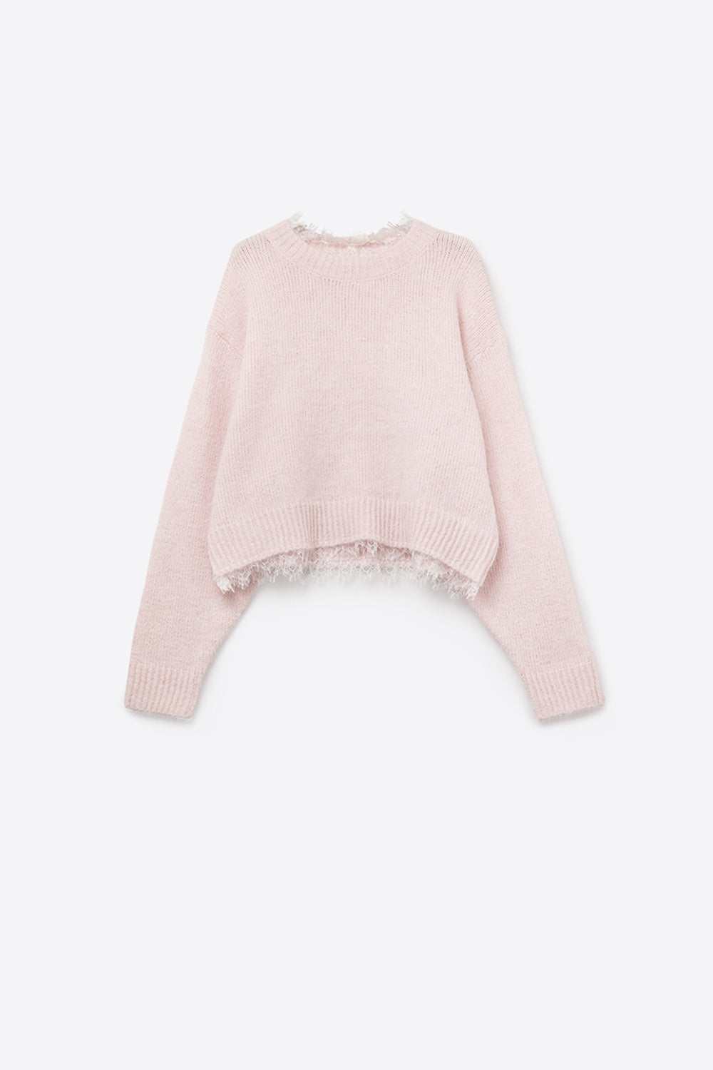 Camisola descontraída cor-de-rosa com pormenor de renda em cor-de-rosa