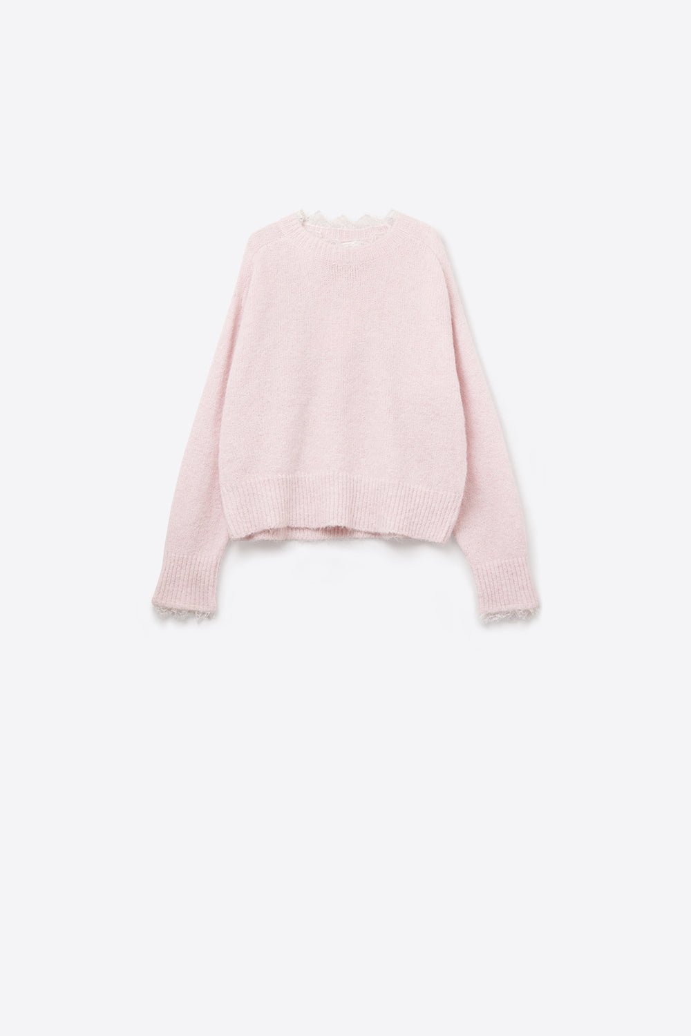 Camisola comprida oversized cor-de-rosa com pormenores de renda nos punhos e no pescoço