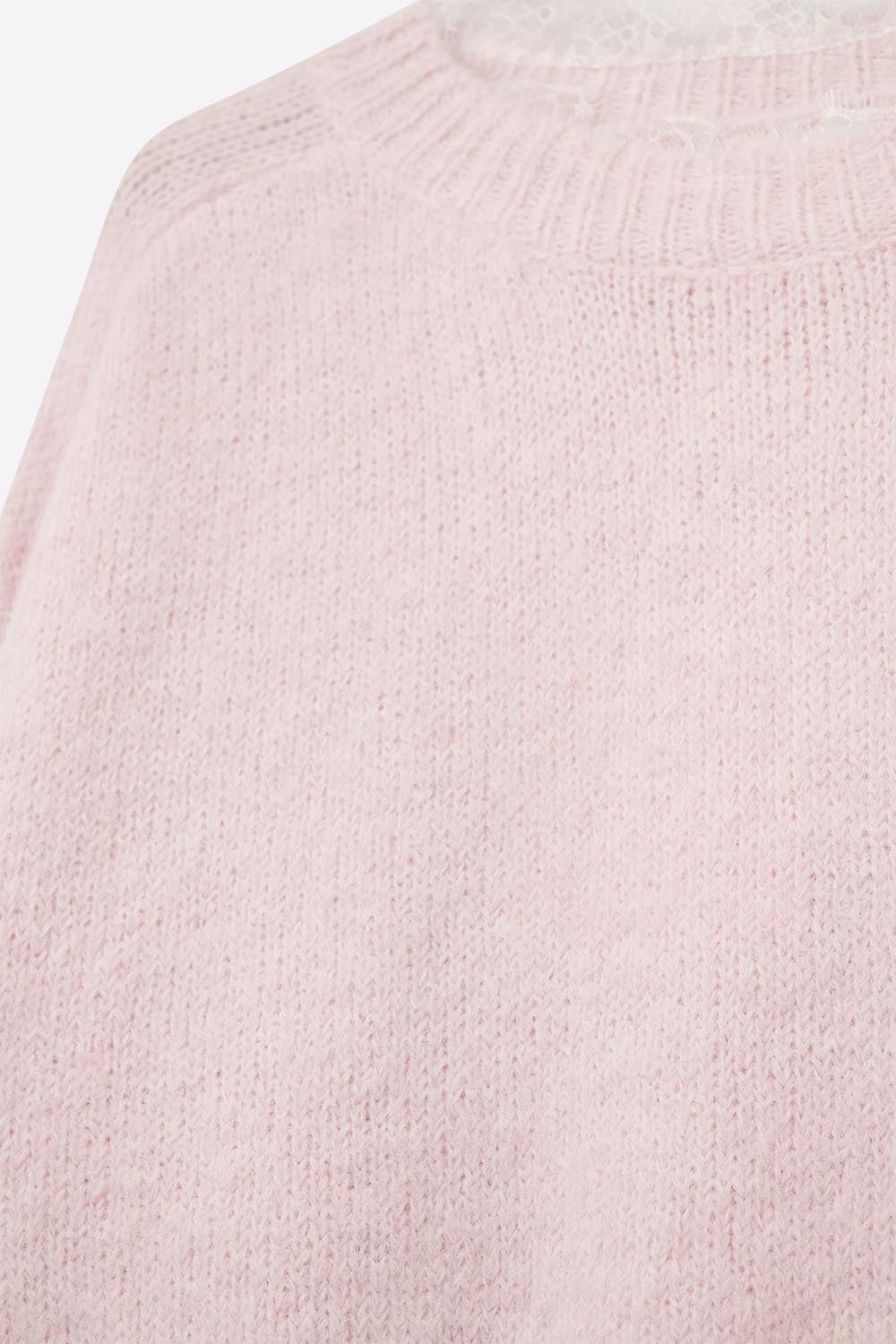 Camisola comprida oversized cor-de-rosa com pormenores de renda nos punhos e no pescoço