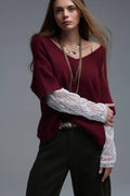 Camisola com decote em V e mangas em renda branca em contraste Borgonha