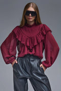 Blusa romântica de manga comprida com folhos cor de vinho
