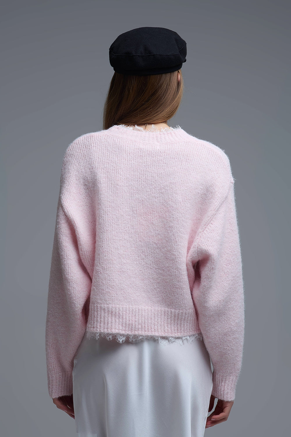 Camisola descontraída cor-de-rosa com pormenor de renda em cor-de-rosa