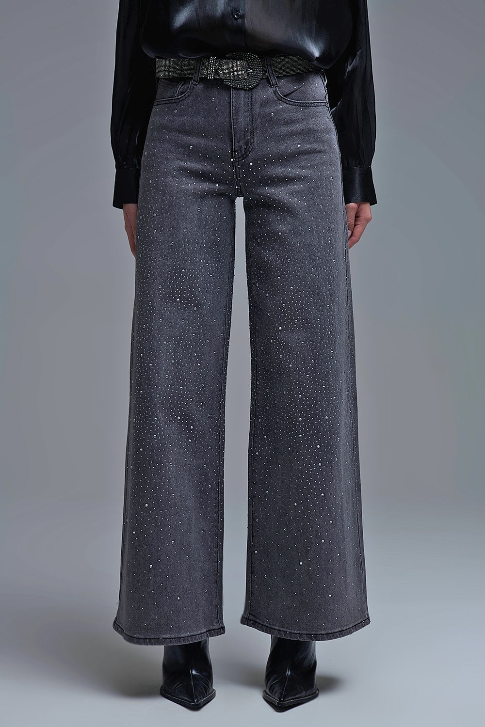 Calças de ganga de pernas largas com strass preto