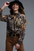 camisa de chiffon com estampado animal e pormenores dourados