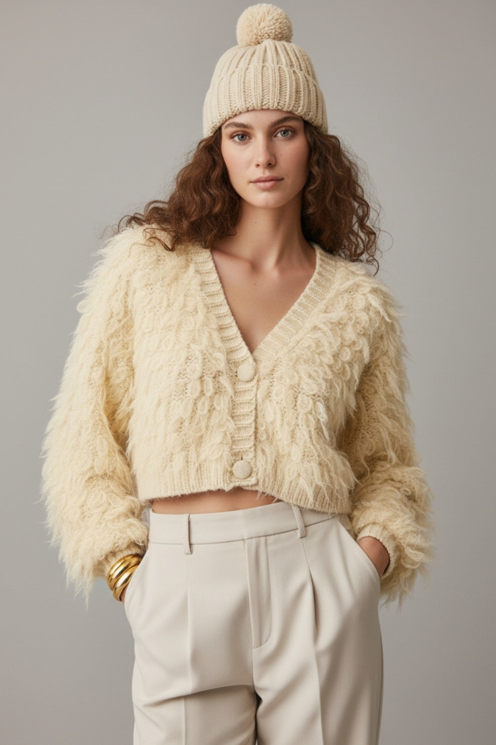Casaco de malha felpuda estilo Shag em creme