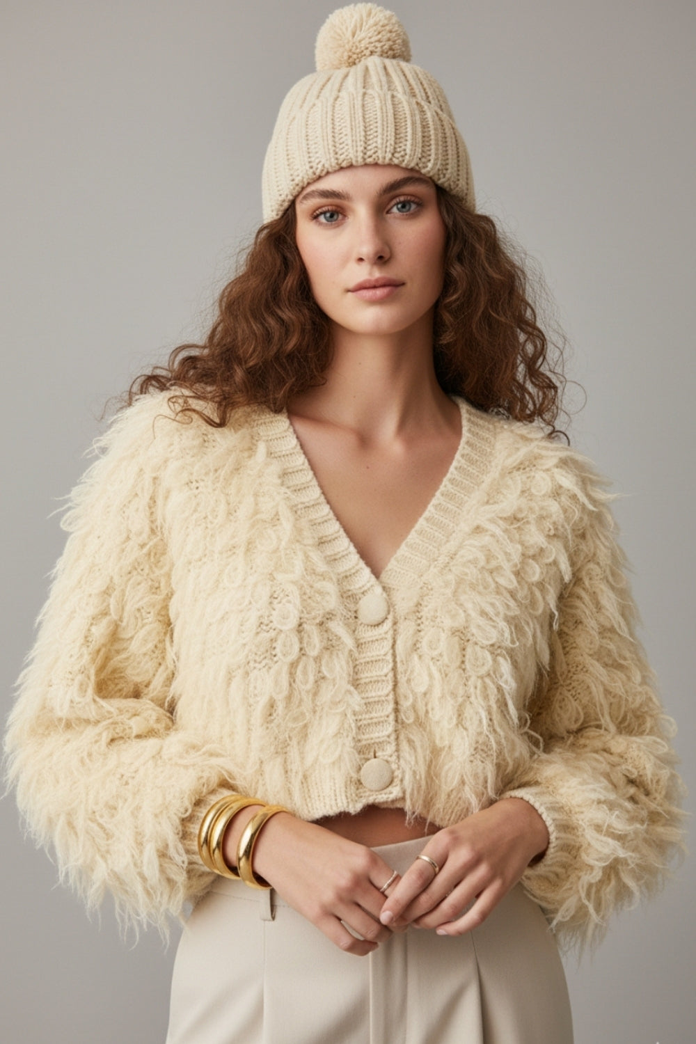 Casaco de malha felpuda estilo Shag em creme