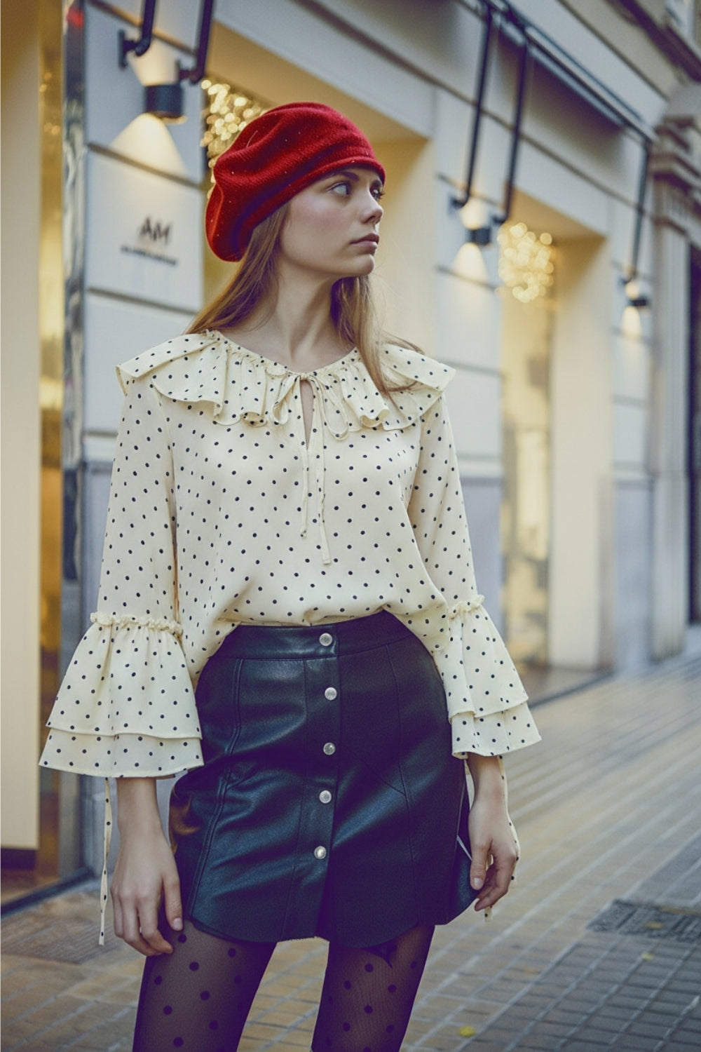 Blusa às bolinhas com folhos e mangas largas