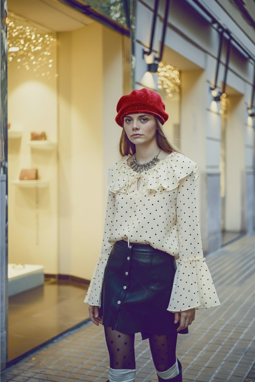Blusa às bolinhas com folhos e mangas largas
