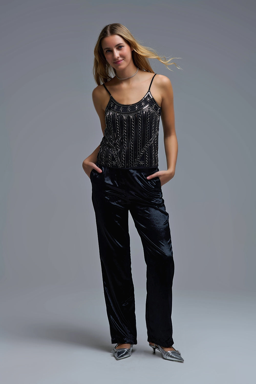 Cami Top vintage bordado com lantejoulas em preto