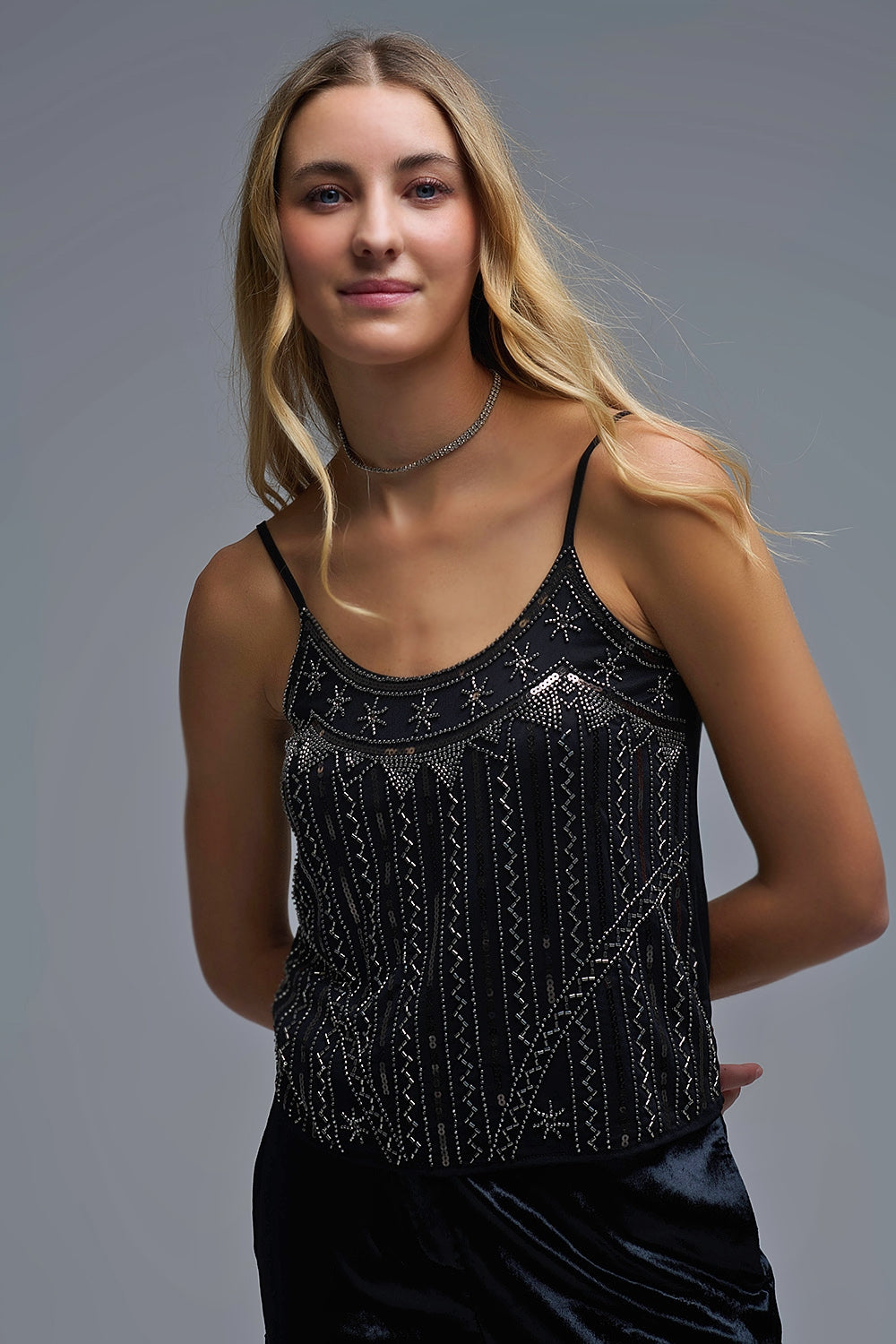 Cami Top vintage bordado com lantejoulas em preto