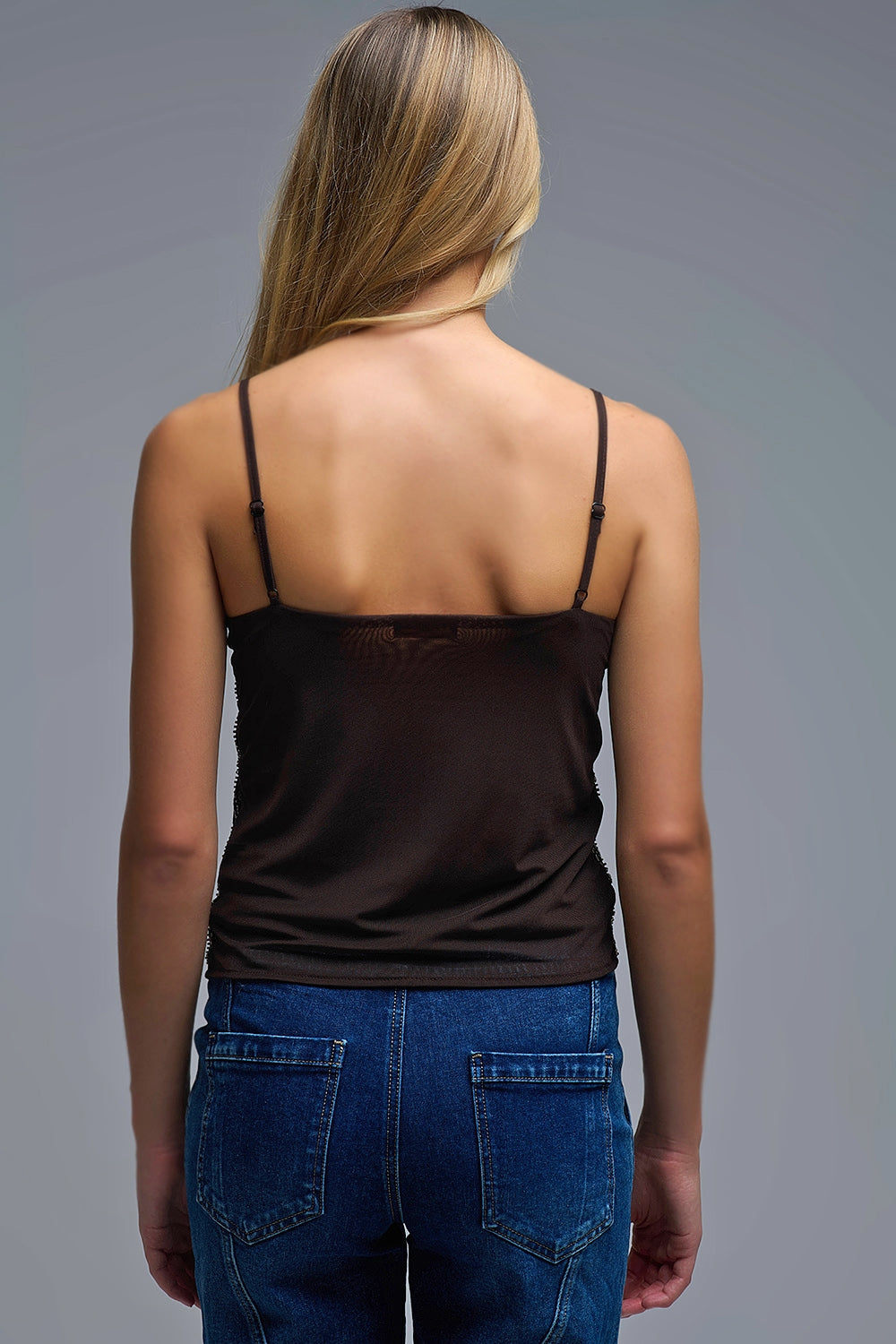 Cami Top vintage com lantejoulas bordadas em castanho