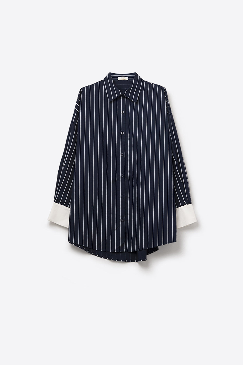 Camisa de gola alta às riscas azul-marinho em popelina macia