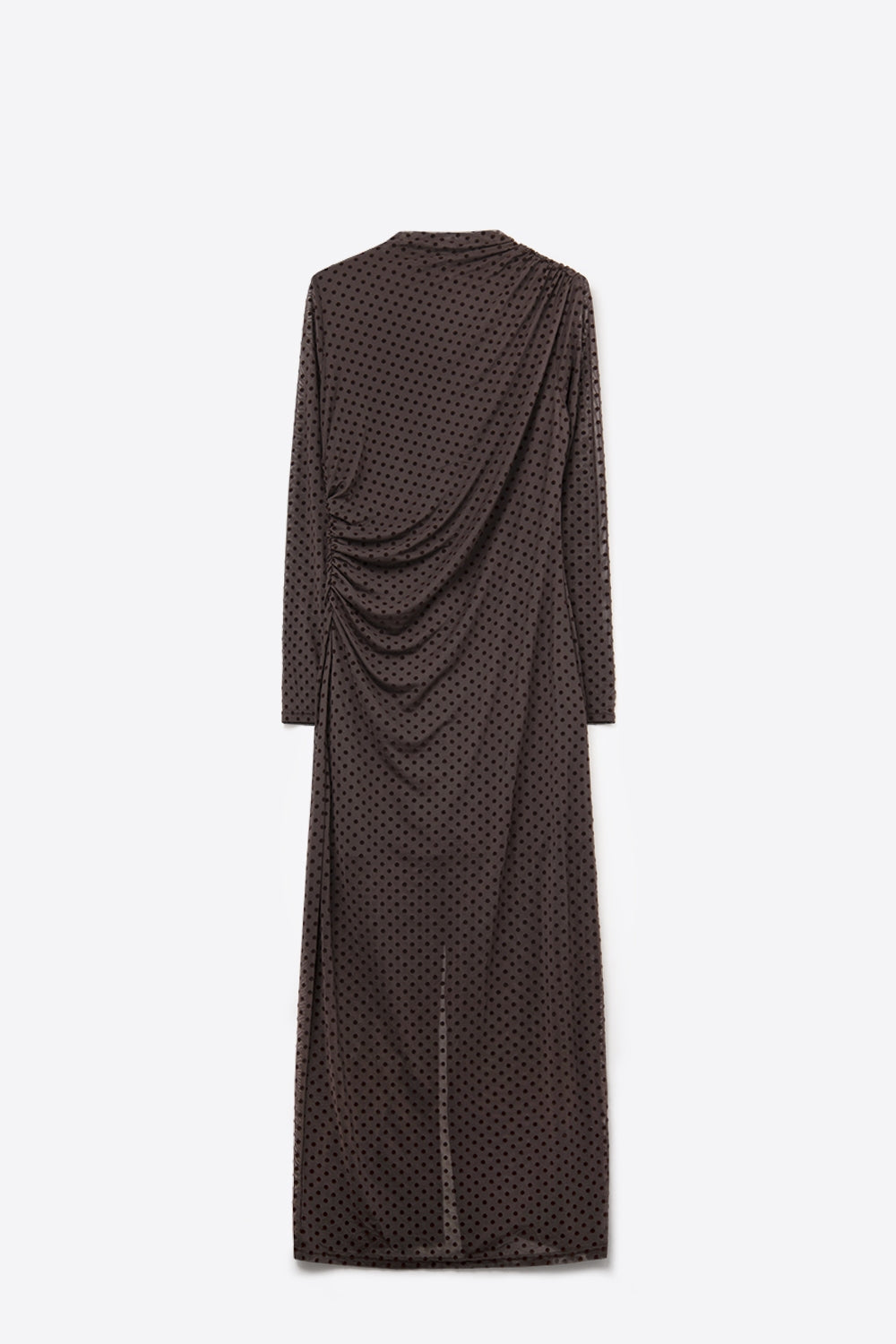Vestido maxi de bolinhas castanho em tecido transparente