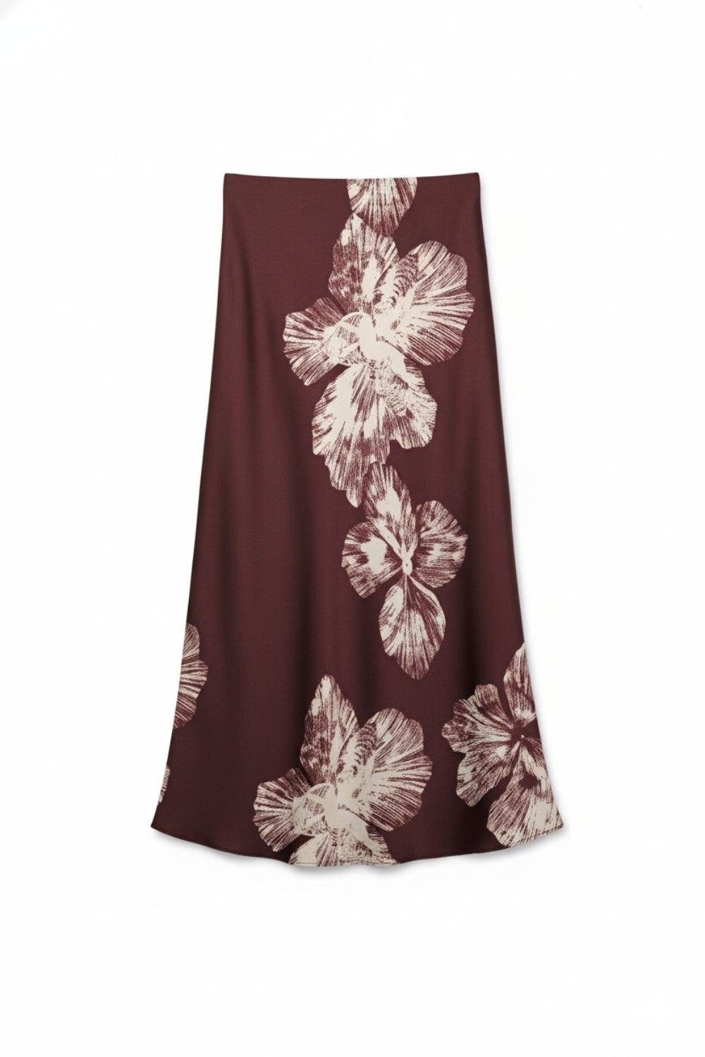 Saia midi de cetim floral borgonha em cetim