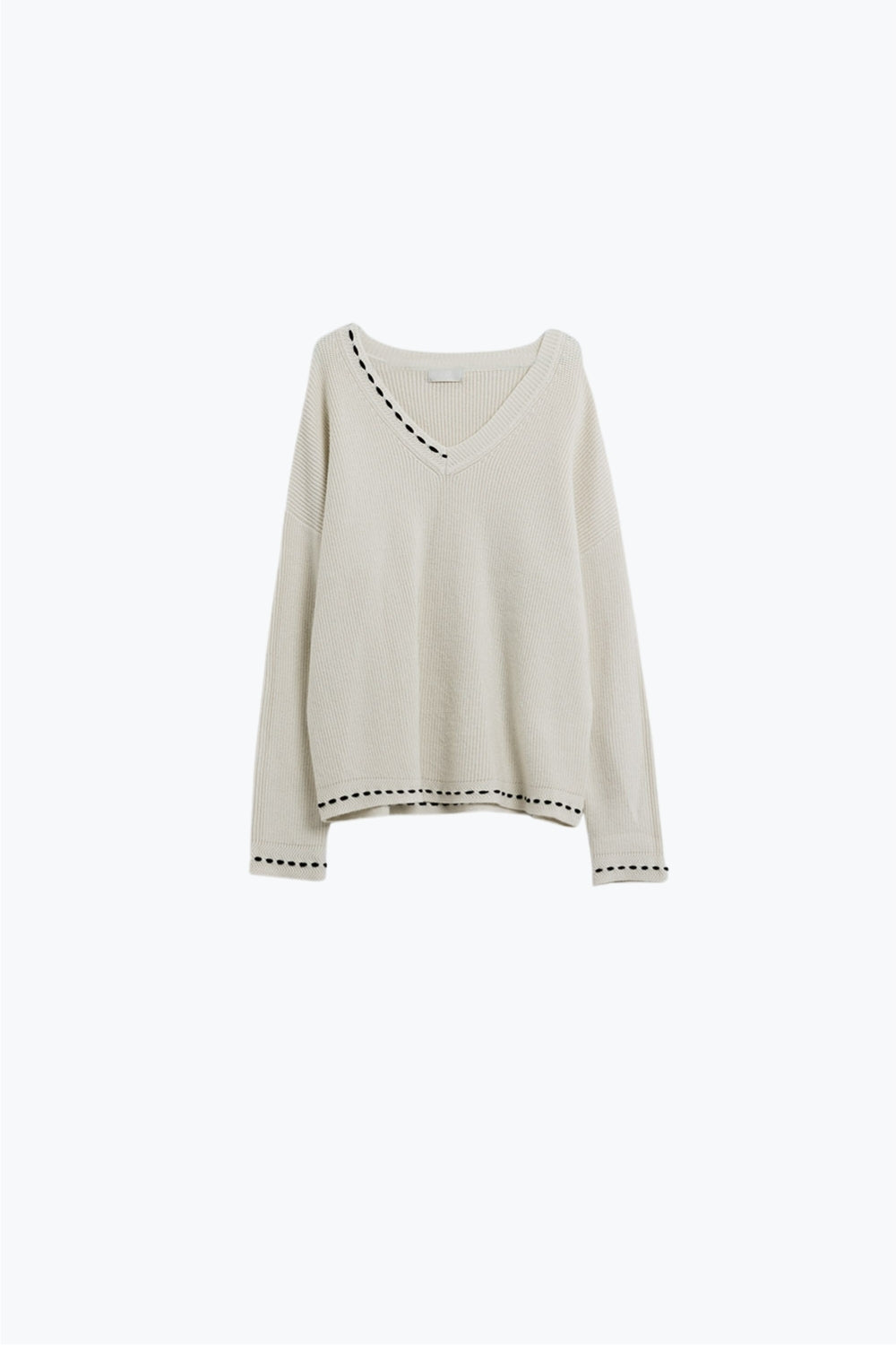 Camisola com gola em V e pormenor bordado em preto