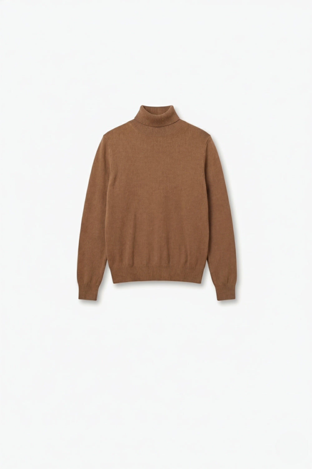 camisola de gola alta de cor camel em malha fina de lã merino