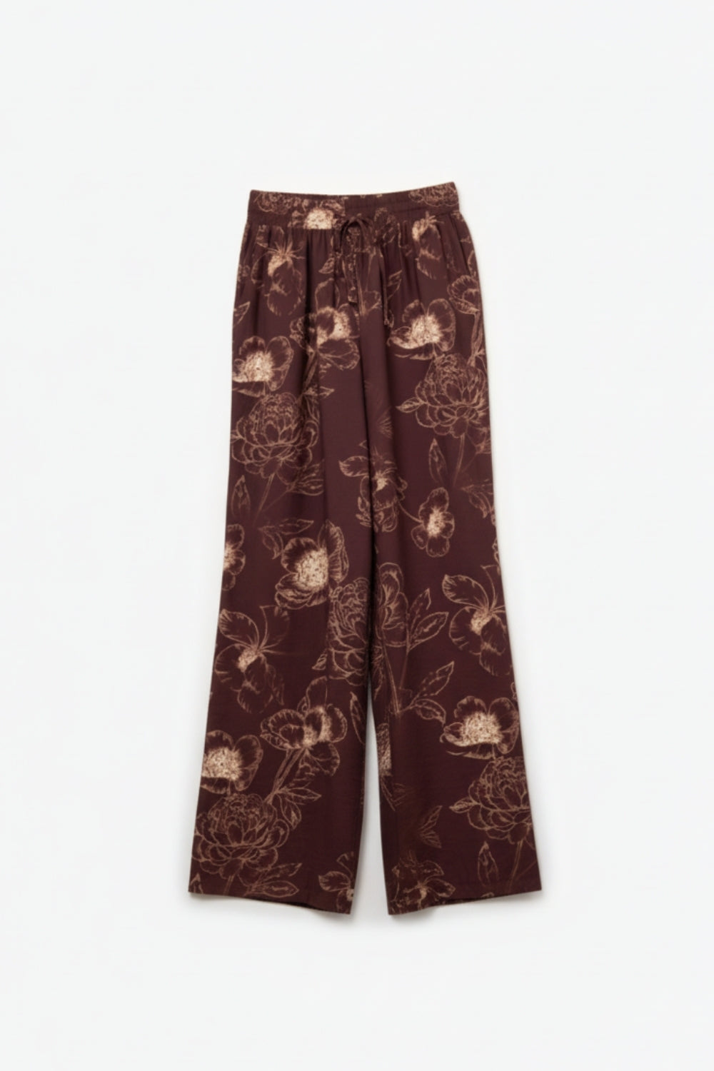 Calças fluidas leves borgonha com estampado floral outonal