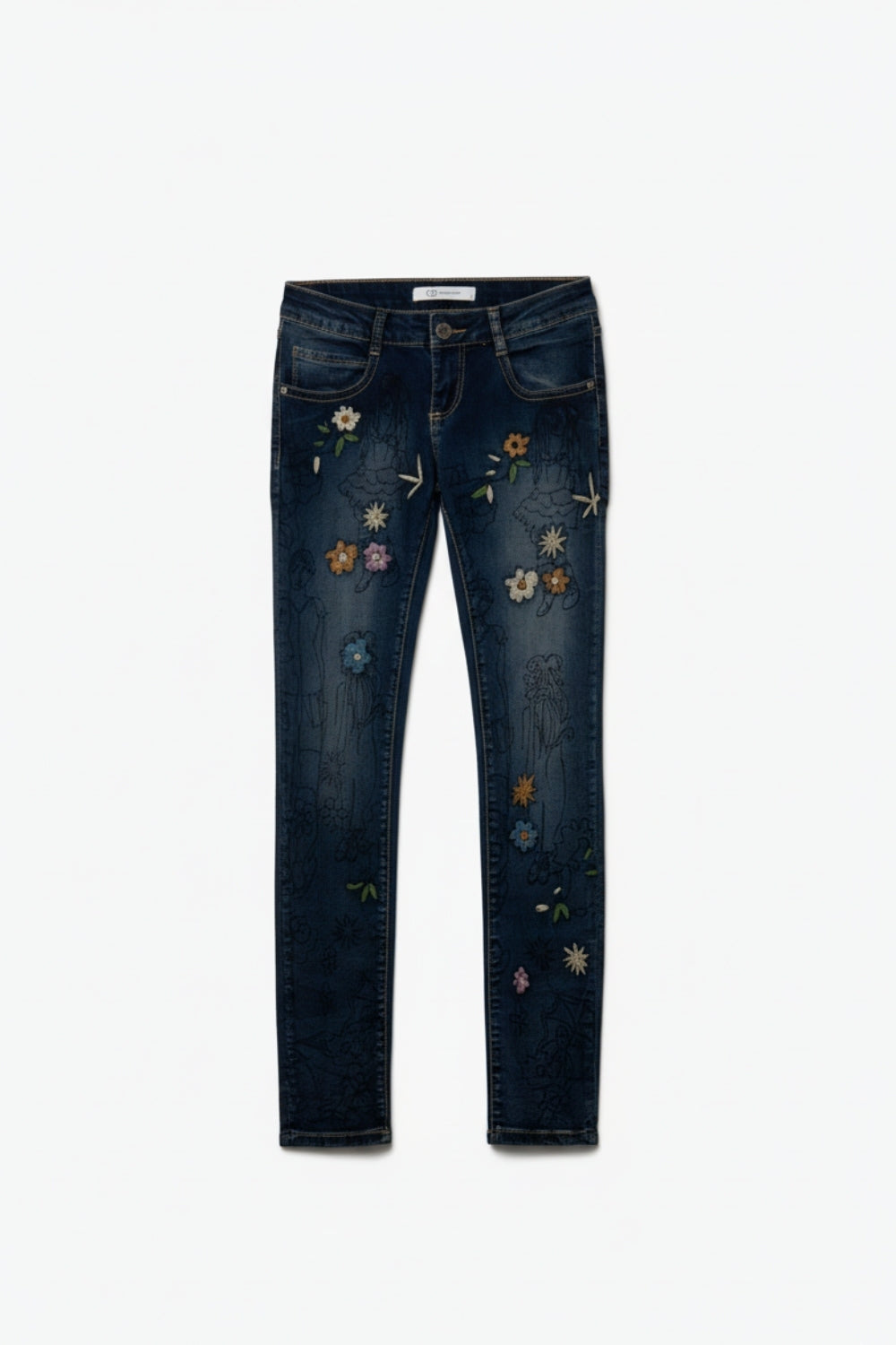 Calças de ganga skinny com flores bordadas multicoloridas