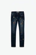 Calças de ganga skinny com flores bordadas multicoloridas