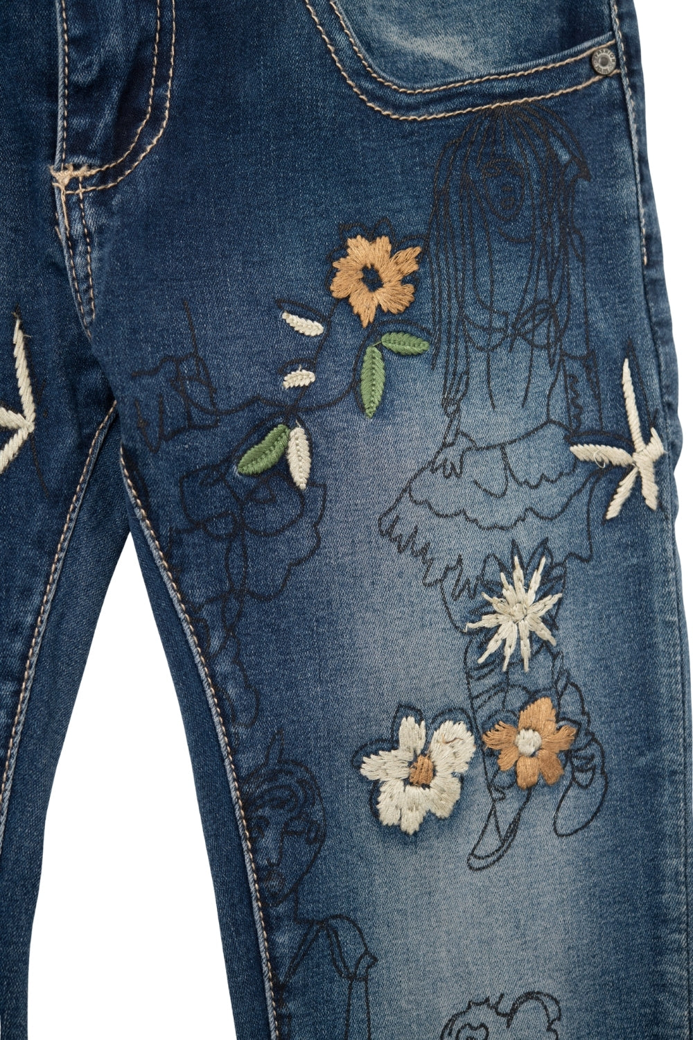 Calças de ganga skinny com flores bordadas multicoloridas