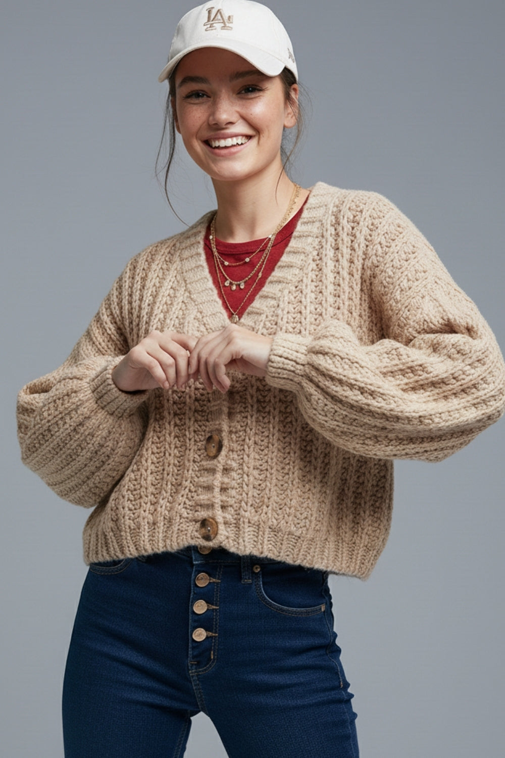 Casaco de malha aberta e volumoso Em bege escuro