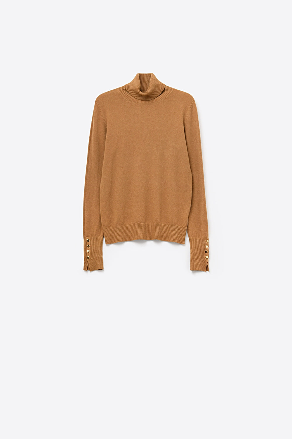 Camisola de gola alta camel com botões dourados no punho