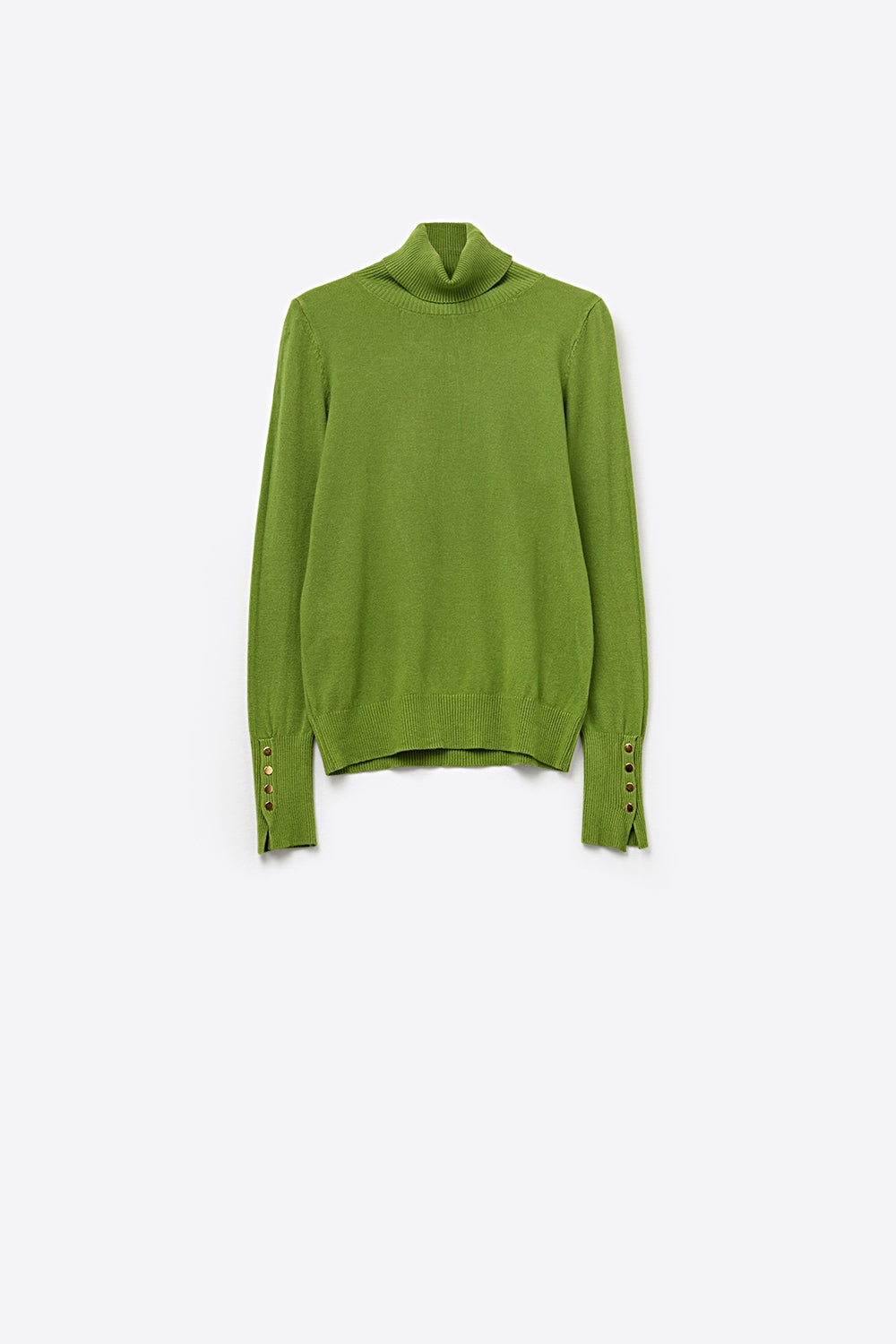 Camisola de gola alta verde-azeitona com botões dourados no punho