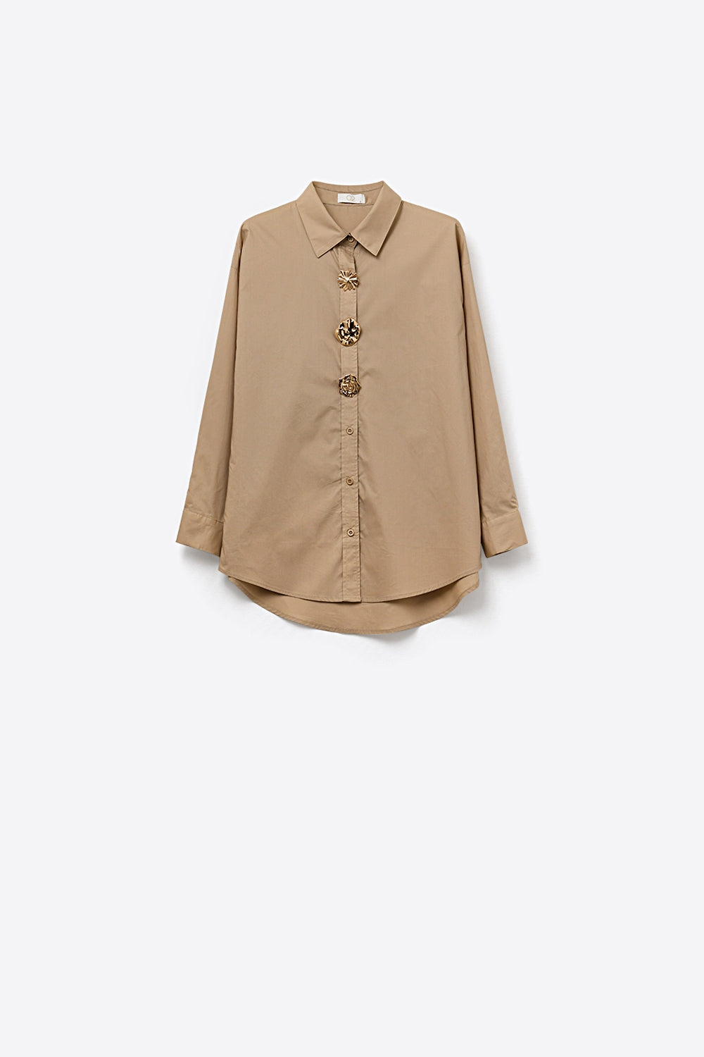 Camisa de algodão de popelina descontraída bege com botões dourados decorativos
