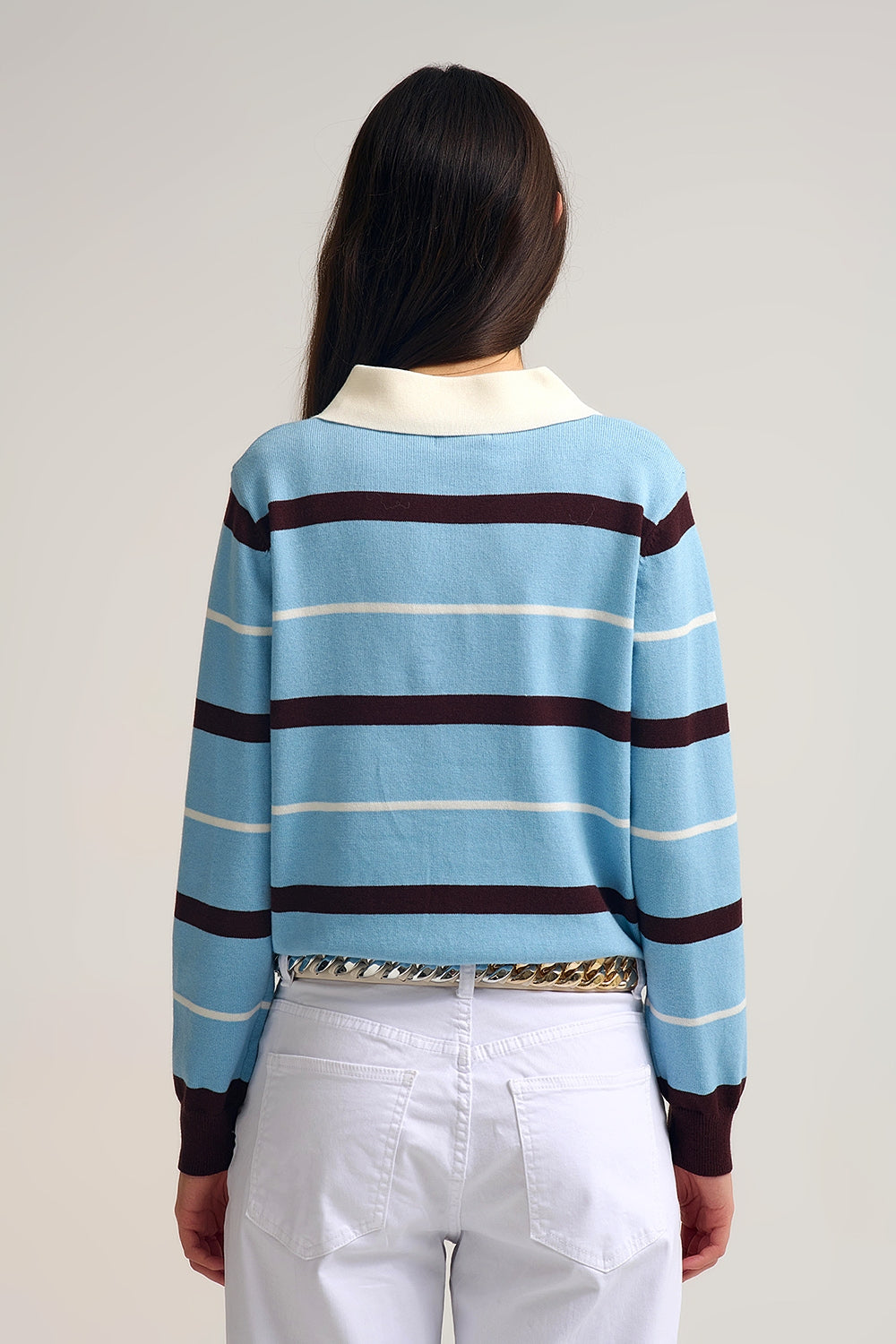 Camisola pólo de malha às riscas em azul com gola branca