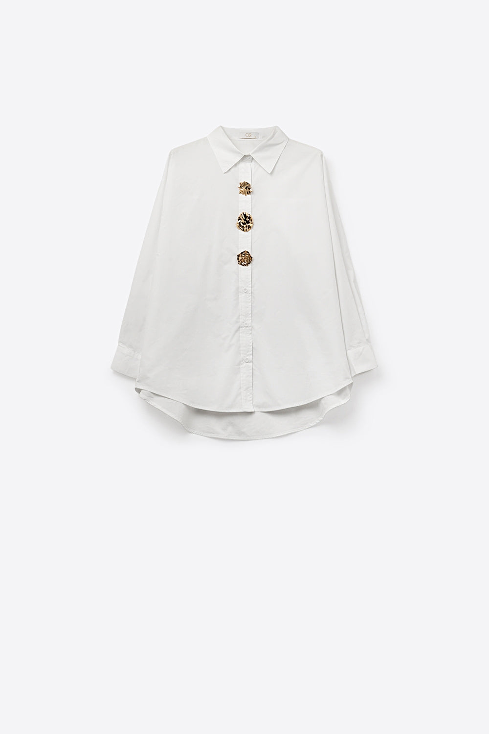 Camisa de algodão de popelina branca descontraída com botões dourados decorativos