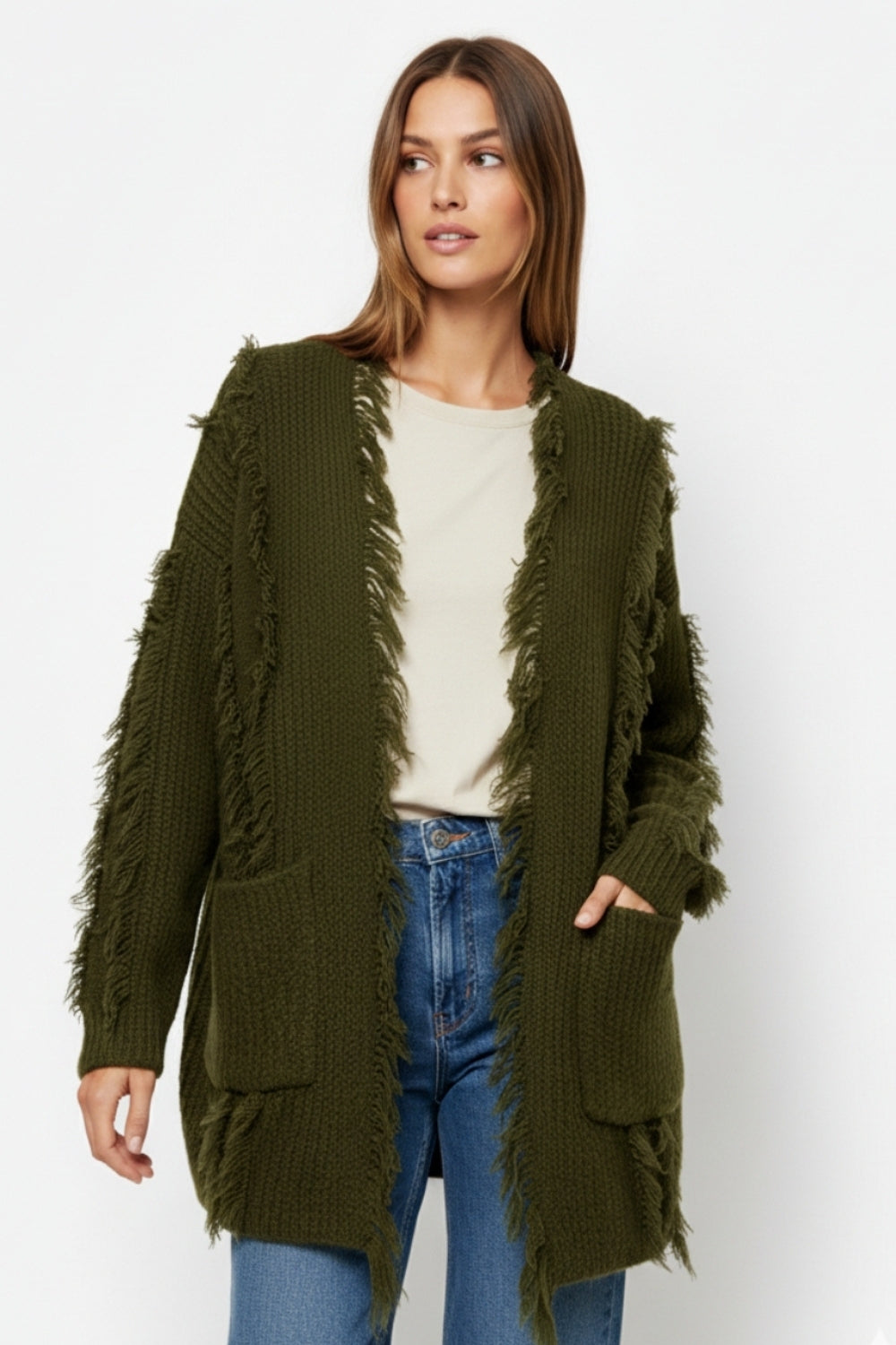 Casaco de malha Boho desgastado verde floresta com bolsos à frente