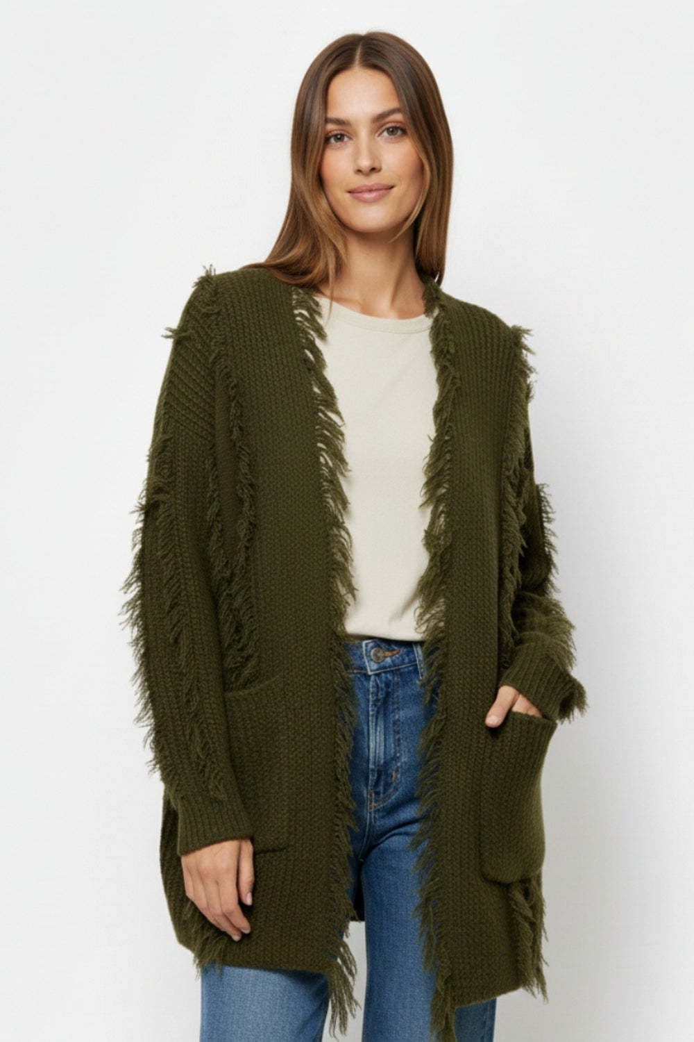 Casaco de malha Boho desgastado verde floresta com bolsos à frente
