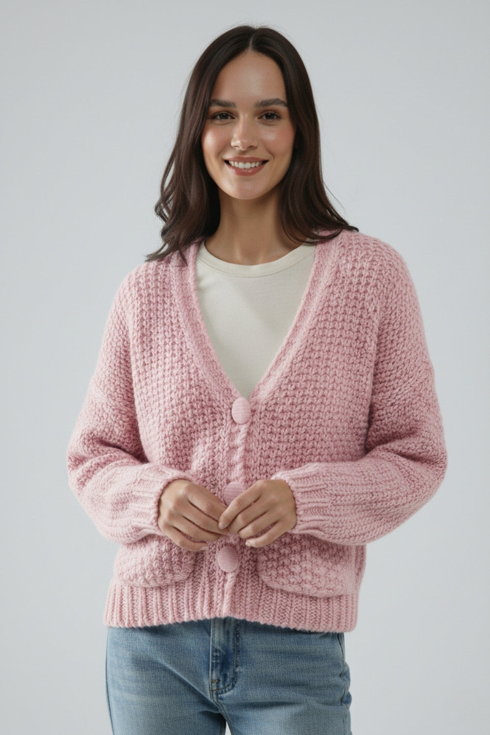 Casaco de malha volumoso cor-de-rosa de grandes dimensões com bolsos
